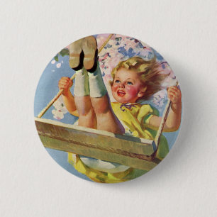 Macaron Rond 5 Cm Swing vintage, Fille qui se balancent dans un arbr