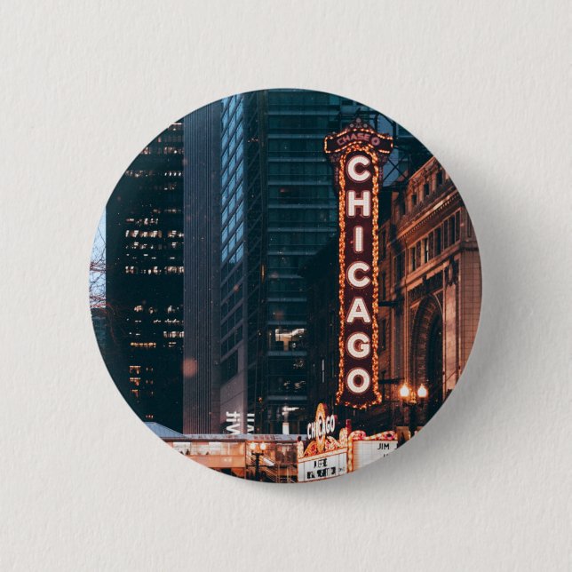 Macaron Rond 5 Cm SYMBOLE Chicago Illinois Neon Nuit (Devant)