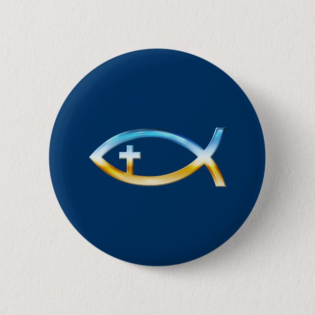 Macaron Rond 5 Cm Symbole chrétien de poissons avec le crucifix - (Devant)