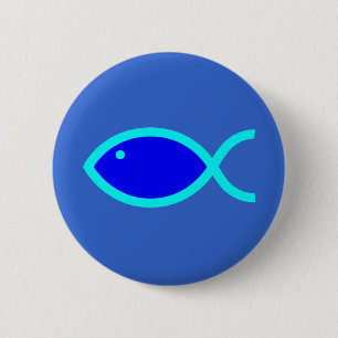 Macaron Rond 5 Cm Symbole chrétien de poissons - FORT ! Bleu et Aqu