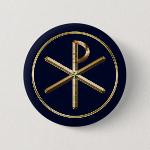 Macaron Rond 5 Cm Symbole de Chi-Rho d'or sur bleu-foncé
