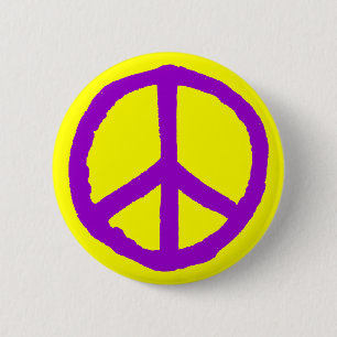 Macaron Rond 5 Cm Symbole de paix rude - violet sur jaune