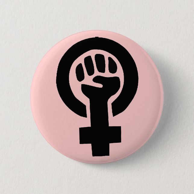 Macaron Rond 5 Cm Symbole féministe avec l'arrière - plan rose (Devant)