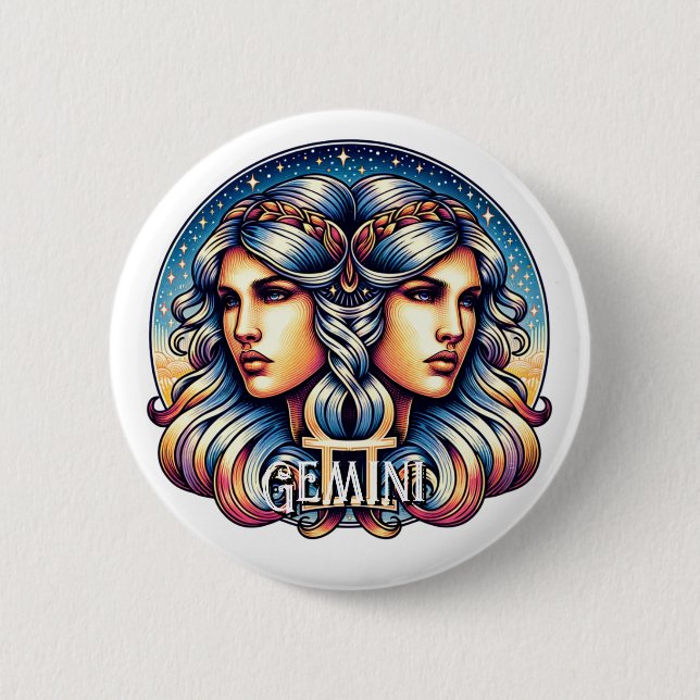 Macaron Rond 5 Cm SYMBOLE Horoscope Gemini | SIGNE D'Astrologie Jume (Devant)