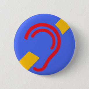 Macaron Rond 5 Cm Symbole international pour sourd, rouge, jaune sur