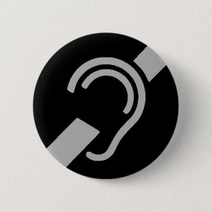 Macaron Rond 5 Cm Symbole international pour sourds, argent sur noir