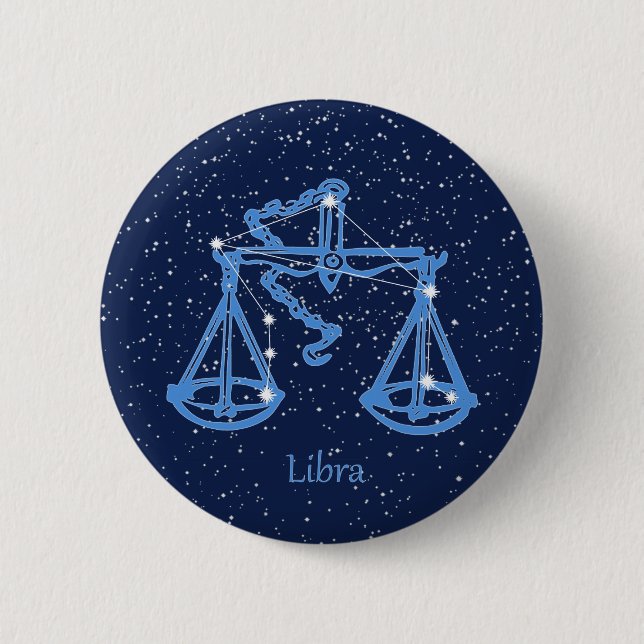 Macaron Rond 5 Cm Symbole Libra Constellation et Zodiac avec étoiles (Devant)