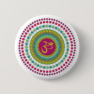 Macaron Rond 5 Cm Symbole Om de Mandala Spirituel vert rose Géométri
