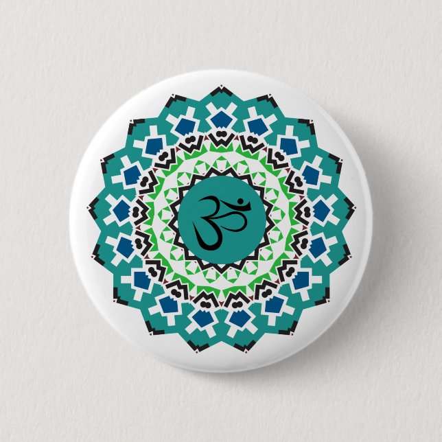 Macaron Rond 5 Cm Symbole spirituel Mandala Yoga Om Symbole Turquois (Devant)