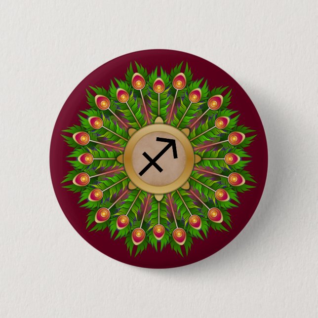 Macaron Rond 5 Cm Symbole zodiaque de plumes de paon Sagittaire (Devant)