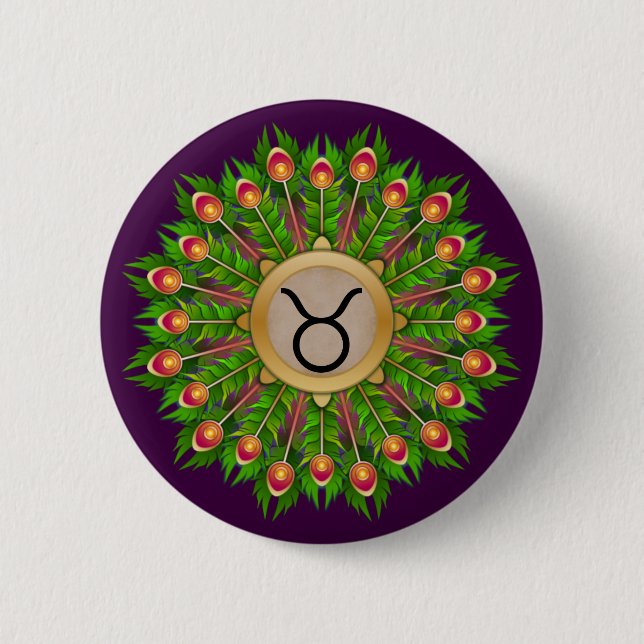 Macaron Rond 5 Cm Symbole zodiaque de plumes de paon Taurus (Devant)