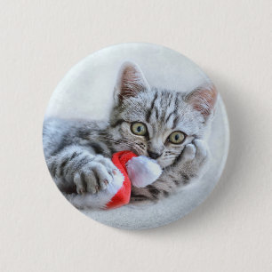 Macaron Rond 5 Cm Tabby gris mou Chat avec Noël Casquette