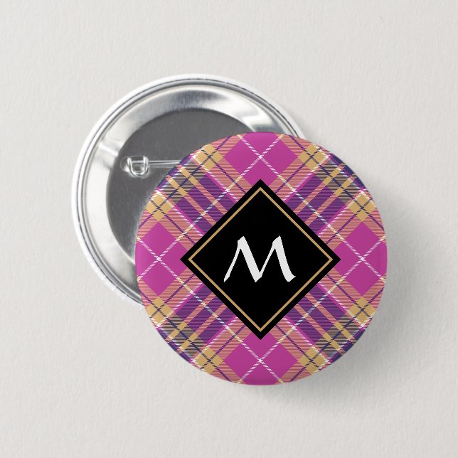 Macaron Rond 5 Cm Tartan rose, or et bleu (Devant & derrière)