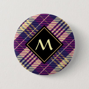 Macaron Rond 5 Cm Tartan Violet, Or et Bleu