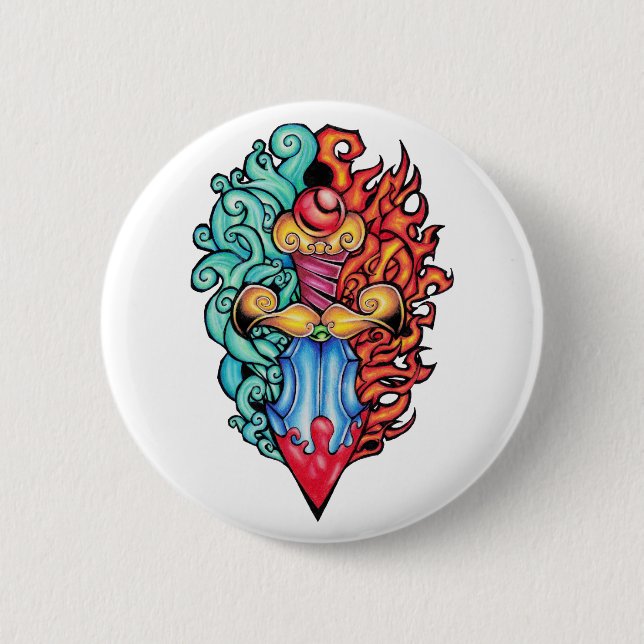 Macaron Rond 5 Cm Tatouage de Dagger d'incendie et d'eau (Devant)