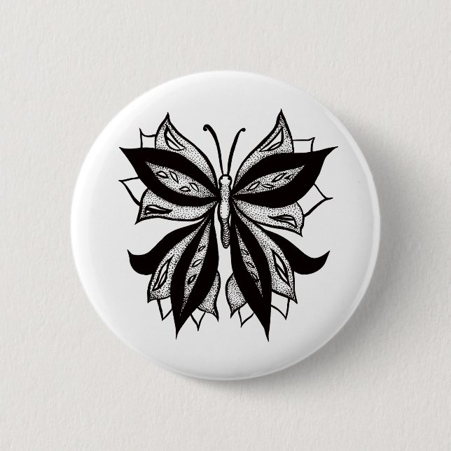 Macaron Rond 5 Cm Tatouage Tribal Noir Et Blanc Papillon (Devant)