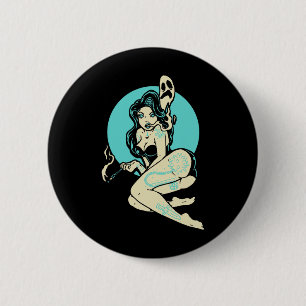 Macaron Rond 5 Cm Tatoué Goth Pin-up Girl Horror Ghost Moon Rockab
