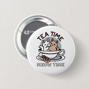 Macaron Rond 5 Cm Tea Time Meow Time - Cute Cat and Tea Design