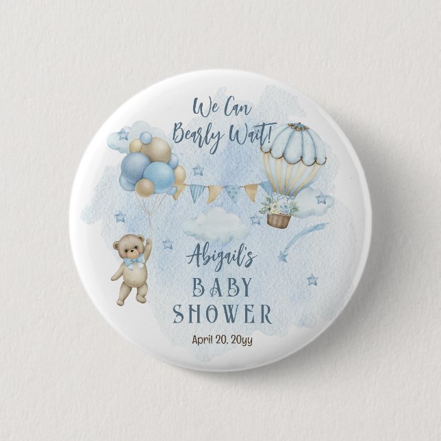 Macaron Rond 5 Cm Teddy Bear Balloons Garçon Bearly Wait Baby shower (Devant)