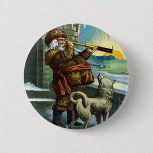 Macaron Rond 5 Cm Téléscope Chien de Noël Père Noël Vintage Coucher
