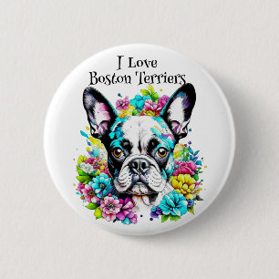 Macaron Rond 5 Cm Terrier de Boston et fleurs