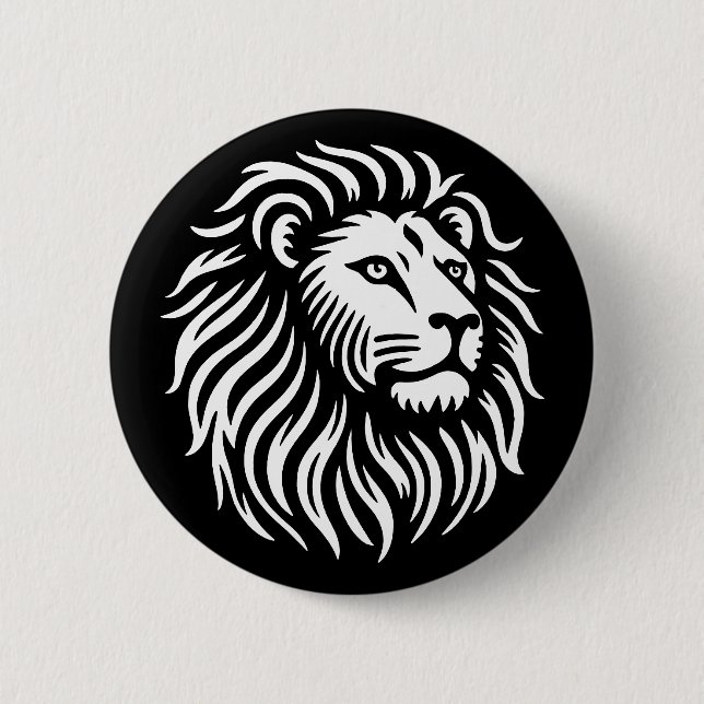 Macaron Rond 5 Cm Tête de lion - Blanc sur noir (Devant)