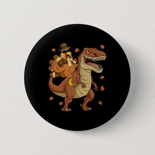 Macaron Rond 5 Cm Thanksgiving Turquie Riding T Rex Dinosaur Toddler (Devant)