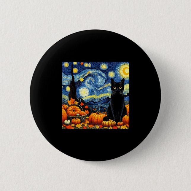 Macaron Rond 5 Cm Thanksgiving Van Gogh Starry Night Black Cat Pumpk (Devant)