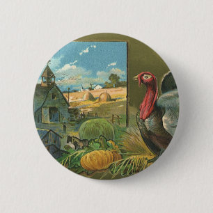 Macaron Rond 5 Cm Thanksgiving vintage, Turquie à la ferme