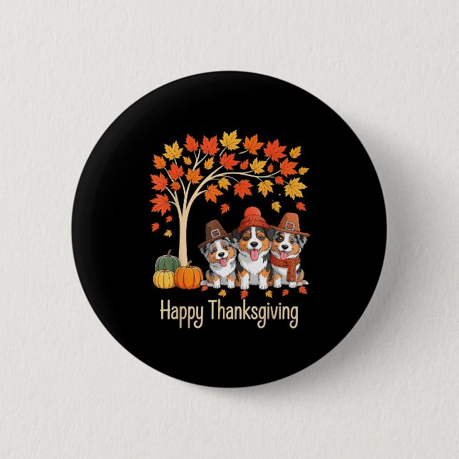 Macaron Rond 5 Cm Three Australian Shepherd Dogs Fall Tree Happy Tha (Devant)