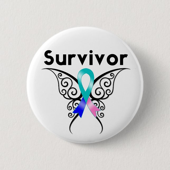 Macaron Rond 5 Cm Thyroïde Cancer Survivant Papillon Tribal (Devant)