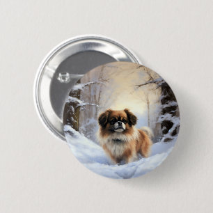 Macaron Rond 5 Cm Tibetan Spaniel Qu'il neige Noël