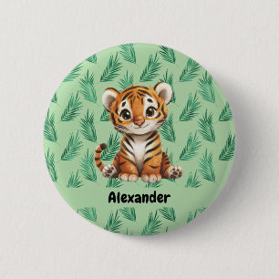 Macaron Rond 5 Cm Tigre de dessin mignon sur Feuilles tropicaux