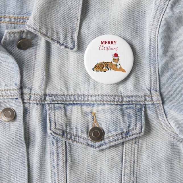Macaron Rond 5 Cm Tigre de Noël drôle animal avec chapeau de Père No (En situation)