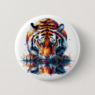 Macaron Rond 5 Cm Tigre regardant son reflet dans l'eau
