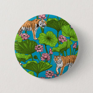 Macaron Rond 5 Cm Tigres dans l'étang rose lotus