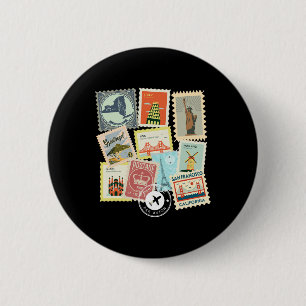 Macaron Rond 5 Cm Timbres de voyage vintage vacances philatelie