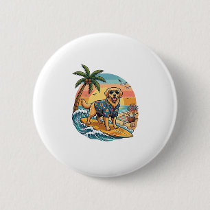 Macaron Rond 5 Cm Tireur d'or Chien Surfant Planche de Surf Coucher