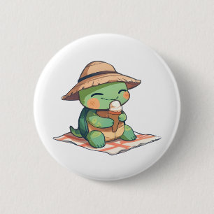 Macaron Rond 5 Cm Tortue Chibi Mignonne avec Chapeau de Paille Mange