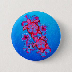 Macaron Rond 5 Cm Tortues De Honu Tropicales Et Fleurs D'Hibiscus