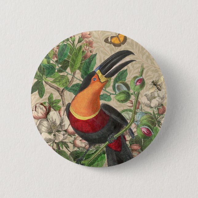 Macaron Rond 5 Cm Toucan Jungle Tropical Bird Belle antique (Devant)