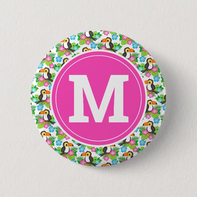 Macaron Rond 5 Cm Toucan Tropical et Motif Floral d'Été (Devant)