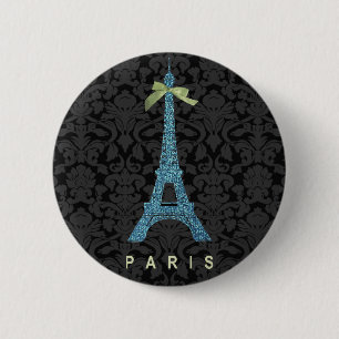 Macaron Rond 5 Cm Tour Eiffel bleue en faux parties scintillant