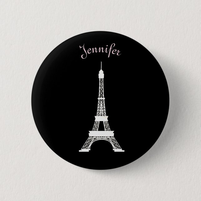 Macaron Rond 5 Cm Tours Eiffel français noirs, roses, blancs Girly (Devant)