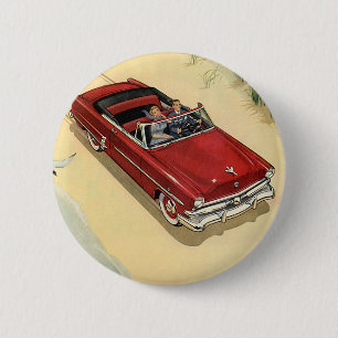 Macaron Rond 5 Cm Transport vintage, voiture décapotable rouge plage
