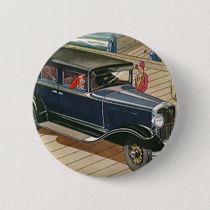 Macaron Rond 5 Cm Transport vintage, voiture sur le quai au bord de 