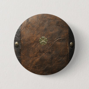 Macaron Rond 5 Cm Trèfle doré Saint-Patrick, Cuir marron