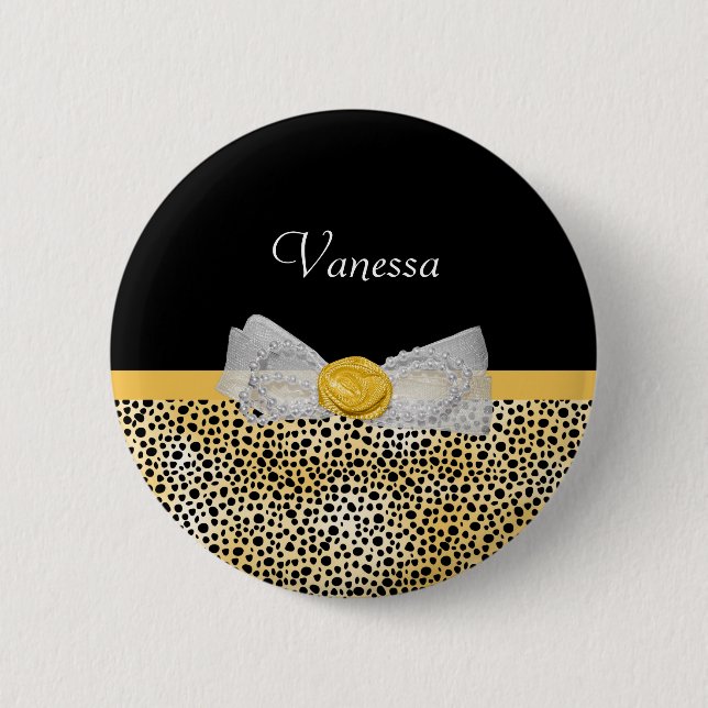 Macaron Rond 5 Cm Trendy Jaune Cheetah Imprimer Bow fantaisie et nom (Devant)