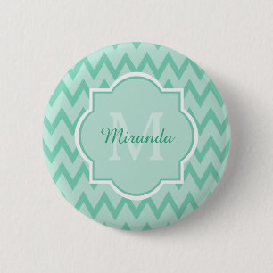 Macaron Rond 5 Cm Trendy Mint Green Chevron Zigzag Nom et Monogramme