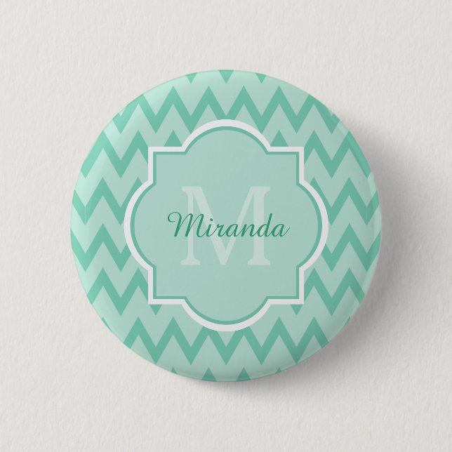 Macaron Rond 5 Cm Trendy Mint Green Chevron Zigzag Nom et Monogramme (Devant)